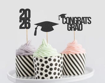 Graduation Cupcake Toppers | Class of 2026 Glitter Party Decorations