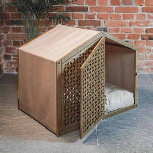 Dog house CLOSED CIRCLE with DOORS, Pet Crate, Kennel, Furniture, Indoor, Barrel, Wooden, Bed, Cat, Puppy, Lounge, Modern, Luxury image 1