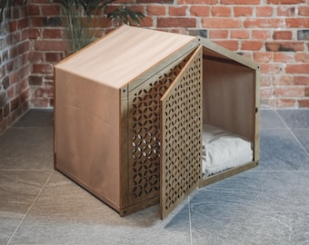 Casa para perros CÍRCULO CERRADO con PUERTAS, Jaula para mascotas, Perrera, Muebles, Interior, Barril, Madera, Cama, Gato, Cachorro, Salón, Moderno, Lujo