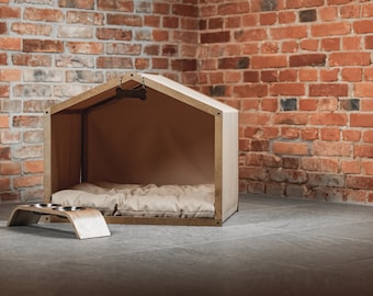 Caseta para perros de madera de diseño: moderna jaula abierta para mascotas, salón interior para gatos y cachorros, cama tipo barril, estilo lujoso