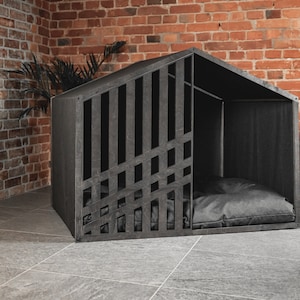 Casa de cachorro SEMI LINES, Caixa de transporte para animais de estimação, Canil, Móveis, Interior, Barril, Madeira, Cama, Gato, Filhote de cachorro, Sala de estar, Moderno, Luxo