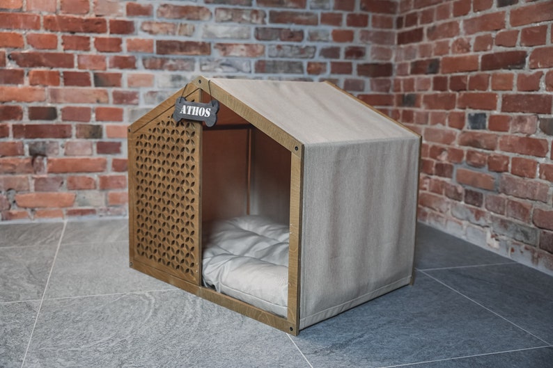 Elegant Wooden Dog Crate OPEN Contemporary Pet House & Kennel, Indoor Lounge for Cats and Puppies, Barrel Bed Style image 7