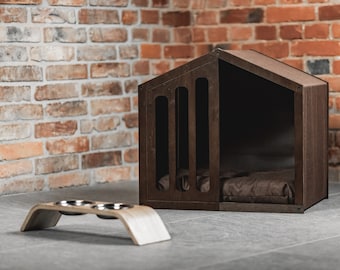 Casa para perros SEMI VERTICO, Jaula para mascotas, Perrera, Muebles, Interior, Barril, Madera, Cama, Gato, Cachorro, Salón, Moderno, Lujo