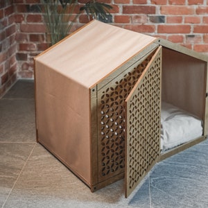 Dog house CLOSED CIRCLE with DOORS, Pet Crate, Kennel, Furniture, Indoor, Barrel, Wooden, Bed, Cat, Puppy, Lounge, Modern, Luxury image 8