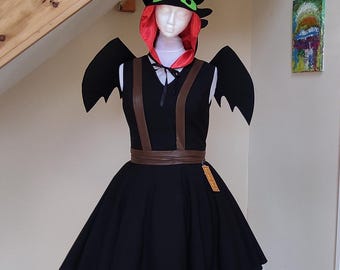 Black Dragon Hooded Dress with Wings Fantasy Dragon Costume Dragon Cosplay Gothic Outfit