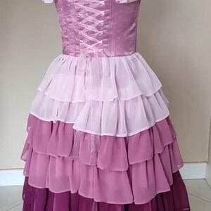 May include: A layered, floor-length dress in shades of pink and purple. The bodice is a deep pink with a lace-up back. The skirt features multiple tiers of ruffled fabric, transitioning from light pink to deep purple.