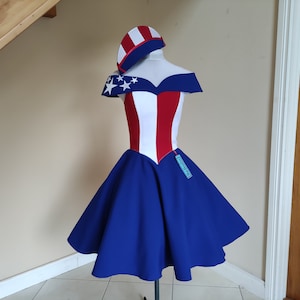 Festzug kleid mit zug und hut, kostüm patroitisches kleid,cosplay kleid,Amerika kleid.