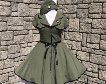 Rockabilly Military Lady dress with hat,militarily side cap