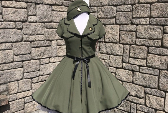 Military Dress With Hat,militarily Side Cap Rockabilly Costume Pinup Army  Dress - Etsy
