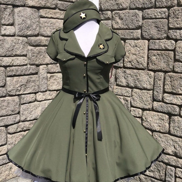 Robe Rockabilly Military Lady avec chapeau, casquette latérale militaire