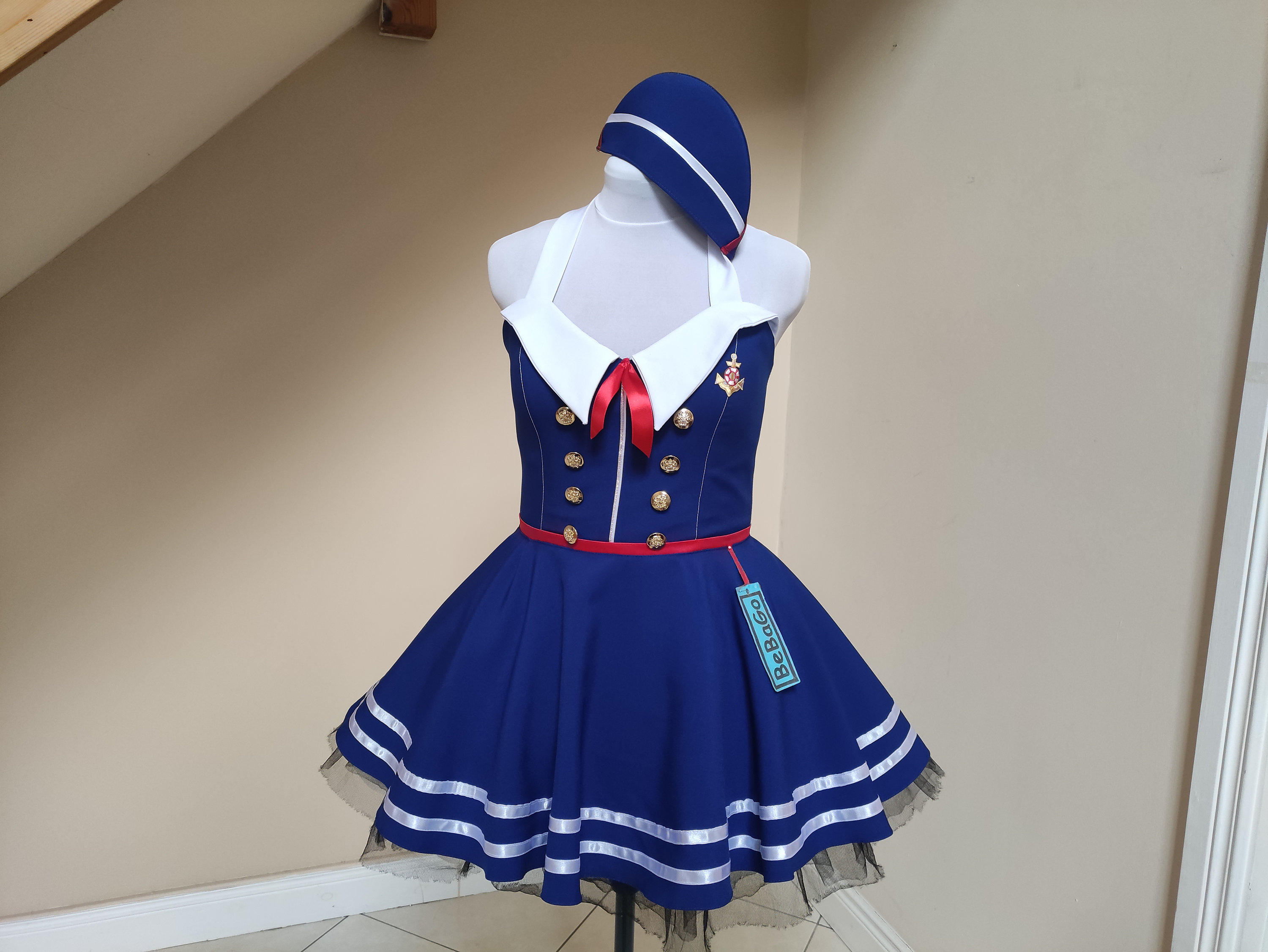 Nautica Rockabilly Dress, Pinup Style Navy Military Lady Dress With Hat,militarily Side Cap