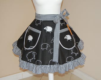 Ruffled Half Apron, Sheep Print, Checkered Trim, Cotton Waitress Apron