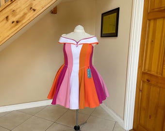 Lesbian Flag Pride Dress with Off the Shoulder Sunset Colors and Flared Skirt