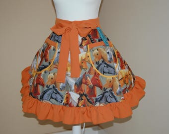 Apron with ruffles and pocket, waitress half apron One Standard size 100% cotton.