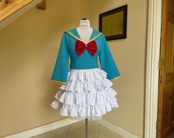 Retro Duck Sailor Cosplay Dress, Blue Character Theme Outfit with Fluffy Ruffles
