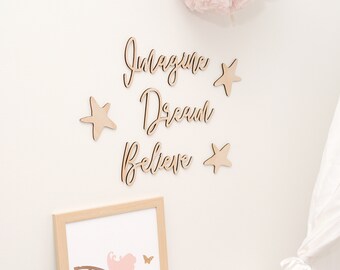 Imagine Dream Believe - Wood Script Sign - Magical Decor - Girls Room Wall Decor - Wood Signs - Nursery Decor - Wood Quote - Laser cut Words