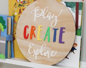 Kinder Spielzimmer Dekor - Regenbogen Spielzimmer Dekor - Kinder spielen Schild - Regenbogen Spielzimmer Dekor - Regenbogen Holz Dekor - Spielen Erstellen Erkunden