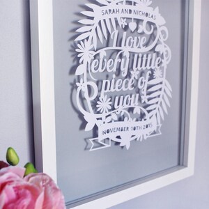 Puede incluir: Arte de papel recortado en blanco en un marco blanco. El arte presenta un dise&ntilde;o floral con las palabras "Te amo cada pedacito de ti" y la fecha "10 de noviembre de 2015".