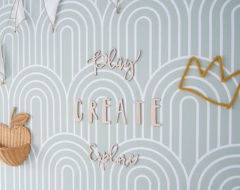 Play Create Explore - PlayRoom Wall Decor - Kids Play Sign - Playroom Art - Wooden Words - Wood Script Decor