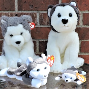 Könnte beinhalten: Drei Plüsch-Husky-Hunde, ein großer, ein mittlerer und ein kleiner. Der große Husky sitzt aufrecht, der mittlere Husky liegt auf dem Bauch und der kleine Husky liegt auf dem Rücken. Alle drei Huskys sind weiß mit grauen Markierungen und haben blaue Augen.