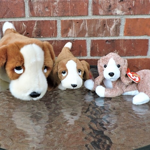 Può includere: Tre cani bassotto di peluche marroni e bianchi. Il cane più grande è sdraiato con la testa rivolta verso la fotocamera. Il cane di mezzo è in piedi con la testa rivolta verso la fotocamera. Il cane più piccolo è sdraiato con la testa rivolta verso la fotocamera. I cani indossano tutti l'etichetta Ty Beanie Baby.