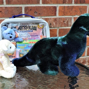 Puede incluir: Un dinosaurio de peluche azul y verde, un cordero de peluche blanco y una caja de almacenamiento de plástico transparente con un asa azul. La caja de almacenamiento tiene una etiqueta que dice "Platinum Membership Beanie Babies Official Club Edition Certificate".