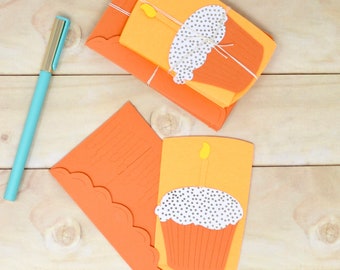 Cupcake Note Cards - Set of 6 - Bright Orange Small Card Set - 2 3/4" x 4 1/4" - Fancy Cupcakes - Cute Stationery - Velcro Envelope Flap