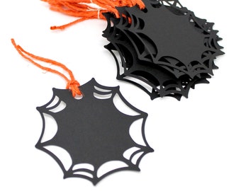 Black Spider Web Gift Tags - Set of 12 - Halloween Party Tags - Black Webs with Orange Twine - Spooky Decoration - 3 1/4" wide