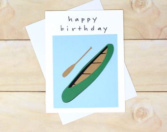 Green Canoe with Paddle Birthday Card - Summer Sports Card - Blue Background - White Envelope, 4 x 5 1/2", Card for Canoe Enthusiast