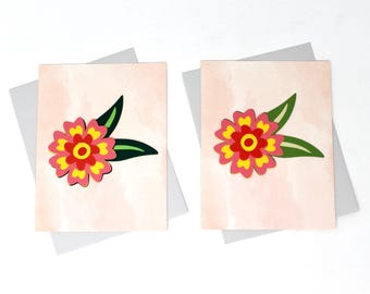 Peach Flower Note Cards - Set of 2 - Vibrant Flower - Light Grey Envelopes, 4 1/4 x 5 1/2" - Pretty Snail Mail Cards, Blank Note Cards