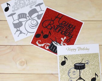 Drummer Birthday Card - Drums - Card for Musician - Glitter - White Envelope - 4 3/4" Square - Choose One