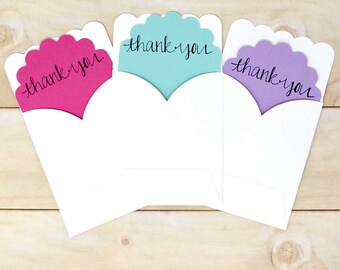 Sweet Scalloped Thank You Card and Envelope Set - Set of 25 - with Fastener Dot - 3" x 3 3/4" - Thank You Notes for Customers, Friends, etc.