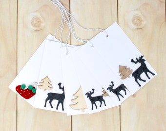 Wood and Felt Embellished Christmas Holiday Gift Tags - Set of 6 - White Tag with Deer, Stocking, Trees - Holiday Wrapping - With String