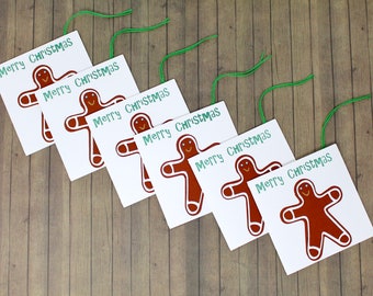 Gingerbread Man Tags - Merry Christmas in Green - Set of 6 - Cute Holiday Gift Card Tags - Large Tags - String Included