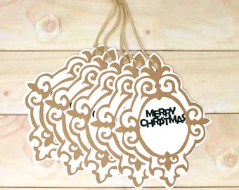 Elegant Christmas Gift Tags - Set of 5 - Large 6" Tag with Scroll Design - Merry Christmas - Holiday Wrapping - With String