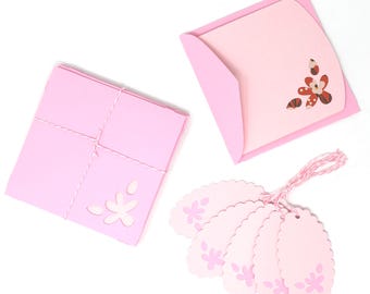 Sweet Pink Stationery Set - Set of 5 Flower Note Cards and Envelopes plus 5 Scalloped Gift Tags - Cute Snail Mail Card and Tag Set