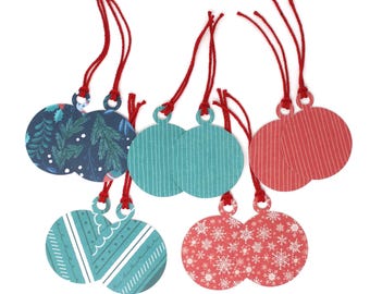 Holiday Ornament Gift Tags - Set of 10 - Assorted Designs - Festive Holiday Packaging - Attached to Red String - 3 1/4"