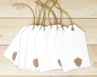 Pinecone Gift Tags - Set of 10 - Linen Tag with Kraft Brown Pinecones - 4 1/2" tall - Holiday Wrapping - With String
