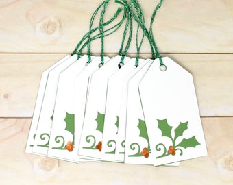 Holly Gift Tags - Set of 10 - Linen Tag with Green Holly and Bronze Foil Berries - 4 1/2" tall - Holiday Wrapping - With String