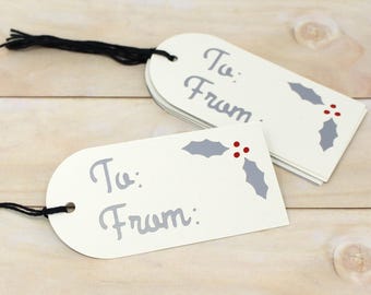 Ivory and Grey Holly Gift Tags - Set of 6 - Holiday Gift Packaging - 4 3/4" Long - Attached to Black String