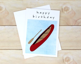 Red Canoe with Paddle Birthday Card - Summer Sports Card - Blue Background - White Envelope, 4 x 5 1/2", Card for Canoe Enthusiast