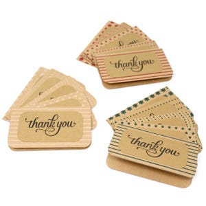 Cartes de remerciement Kraft - Motifs rouges, verts, blancs - Lot de 15 - Petites cartes de remerciement - 2 1/2"x 4" - Idéales pour l'emballage de commande, etc.