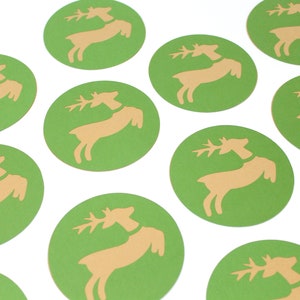 Christmas Paper Coasters Set of 12 Forest Green and Kraft Brown Reindeer 4 Circles Holiday Home Decor, Parties, Gift Tags, etc. image 3