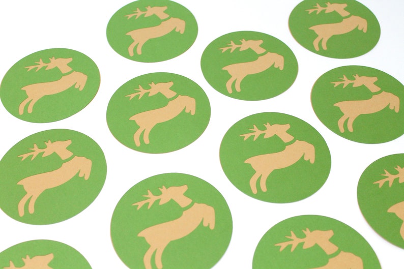 Christmas Paper Coasters Set of 12 Forest Green and Kraft Brown Reindeer 4 Circles Holiday Home Decor, Parties, Gift Tags, etc. image 3