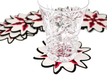 Holiday Party Coasters - Set of 12 - Snowflakes - Paper Coasters - Black, Grey, and Red - Christmas Home Decor, New Year's Eve, etc.