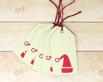 Santa Claus Hat Gift Tags - Set of 5 - Pale Olive Green Tag with Red Hat and Shimmer Dot - 4 1/2" tall - Holiday Wrapping - With String