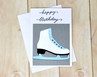 Skating Birthday Card - Blue and White Skate - Shimmer Silver Background - White Envelope, 4 x 5 1/2", Card for Figure Skater, Skating Fan