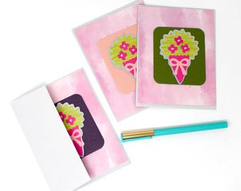 Beautiful Flower Note Cards - Set of 3 - Flower Bouquet - Light Grey Envelopes, 4 1/4 x 5 1/2" - Pretty Snail Mail Cards, Blank Note Cards