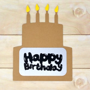 Carte d'anniversaire de gâteau - Gâteau brun kraft avec bougies - Argent - Carte de vœux vierge - Joyeux anniversaire - Carte en forme de gâteau - Enveloppe incluse