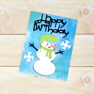 Adorable Snow Person Winter Birthday Card - Blue Water Colour Effect - Happy Birthday - Card for Friend - Card for Kids - 4 1/4" x 5 1/2"